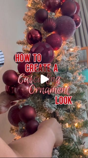 Ivey | Lifestyle + Home on Instagram: "Hey, love bugs! Check out this quick tutorial on how to create a cascading ornament look on your Christmas tree. This is much quicker than adding each ornament one by one. It also makes taking the ornaments down quick and easy. 

#ornamentclusters #ornaments #christmas #christmasdecor #christmastree #diychristmas #diychristmasdecor #christmasdiy #christmastips #christmasvideos #viralchristmas #christmastutorial #christmastreedecorating #ornamentstrands #burgundychristmas #ornamentcluster" Christmas Ornaments Garland On Tree, Stringing Christmas Ornaments Together, 3 Ornaments Tied Together On Christmas Tree, Christmas Ornament Ball Clusters, Cluster Tree Ornaments, Bulb Garland Christmas Tree, Ornament Clusters On Christmas Tree, Stringing Ornaments Together, Diy Ornament Clusters On Tree