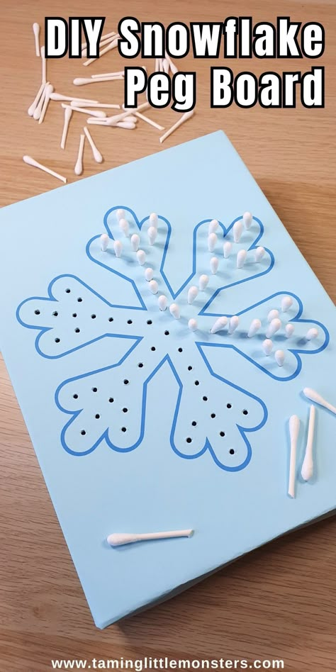 DIY Snowflake Peg Board (Fine Motor Activity for Winter) - Taming Little Monsters Xmas Fine Motor Activities, Holiday Craft Toddler, Winter Themed Fine Motor Activities For Toddlers, Snow Fine Motor Activities For Preschool, Life Skills Christmas Activities, Winter Theme Fine Motor Activities, Christmas Themed Toddler Activities, Snow Theme Activities For Preschool, Winter Wonderland Toddler Activities