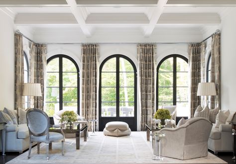 Living Room with Coffered Ceilings & Black Archtop Windows Black Arched Windows Living Room, Arched Black Windows, Arched Windows And Doors, Arched Windows Living Room, Modern Windows Exterior, Great Room Windows, Curtains For Arched Windows, Victorian Rooms, Arch Windows