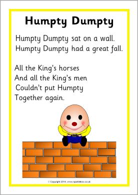 Humpty Dumpty rhyme sheet (SB10738) - SparkleBox Rhyming Poems For Kids, Nursery Rhyme Crafts, Preschool Poems, Nursery Rhymes Poems, Toddler Songs, English Poems For Kids, Nursery Rhymes Lyrics, Rhymes Lyrics, English Rhymes