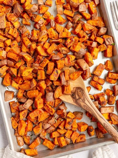 25-Minute Roasted Diced Sweet Potatoes Oven Roasted Sweet Potato Recipes, Roasted Sweet Potato Recipes, Diced Sweet Potatoes, Healthy Holiday Side Dishes, Best Baked Sweet Potato, Potato Recipes Healthy, Sweet Potato Seasoning, Sweet Potato Oven, Perfect Roast Potatoes