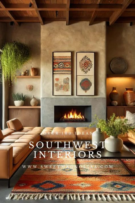 Transform Your Home with Southwest Interior Design - Sweet Magnoliaa Southwest Style Window Treatments, Contemporary Brazilian Interior Design, Pendleton Interior Design, New Mexico Interior Design Santa Fe Style, Arizona Home Design, Ranch House Style Interior, South West Living Room, Southwestern Interior Design Living Room, Modern Southwest Fireplace