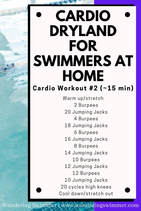 Swimming is all about cardio. Make sure you keep your heart rate up when working out at home or away from the pool. Combining burpees and jumping jacks gives a full body and cardio burning workout for swimmers (or anyone)! Swimmers Exercises Fitness, Swimming Workout Dryland, Land Workouts For Swimmers, Swimmer Ab Workout, Swimmers Dryland Workout, Swimming Conditioning Workout, Workout For Swimmers At Home, Swimming Exercises Workout At Home, Swimmers Workout Exercises