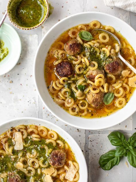 Mini Meatball Soup - Summer Pesto Mini Meatball Soup Mini Meatball Soup, Soup With Pesto, Soup Summer, Summer Pesto, Chicken Meatball Soup, Summer Soup Recipes, Mini Meatballs, Summer Soup, Meatball Soup