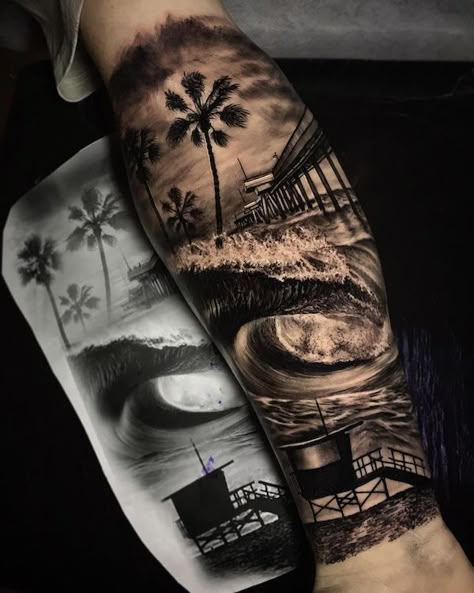 Sleeve Filler Ideas Men, Spin Tattoo, Wave Tattoo Ideas, Underwater Tattoo, Wave Tattoos, Cali Beach, Wave Tattoo Design, Surf Tattoo, Realistic Tattoo Sleeve