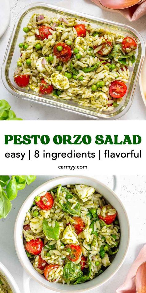 This easy and delicious orzo pesto salad comes together with only a few ingredients. Full of bright, fresh flavor, this hearty pesto orzo salad is perfect for an easy weeknight meal or a meal prep lunch!  This hearty orzo pesto salad is bursting with fresh flavors. Full of cherry tomatoes, peas, basil, shallots, and cheese tossed in a lemony pesto sauce, this pesto orzo pasta salad is just what you need this week! It’s so refreshing and you can eat it straight out of the fridge. Orzo Pesto Salad, Healthy Orzo Salad, Wholesome Salads, Orzo Salads, Pesto Orzo Salad, Orzo Pesto, Pesto Orzo, Homemade Pesto Sauce, Orzo Salad Recipes