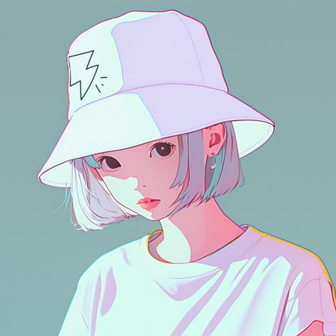 Girl wearing a bucket hat with a lightning illustration in a lo-fi style, gazing confidently into the distance with a relaxed and fashionable demeanor. Bucket Hat Drawing Reference, Bucket Hat Reference, Cap Drawing Reference, Hat Art Reference, Bucket Hat Character, Bucket Hat Illustration, Hat Reference Drawing, Bucket Hat Drawing, Hat Drawing Reference