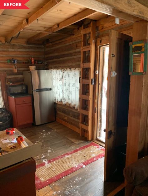 Other people would have torn this cabin down entirely! READ MORE... One Room Cabin Interior, Old Cabin Interior, Ikea Faucet, Log Cabin Remodel, Tiny Cabins Interiors, Build A Platform Bed, Cabin Makeover, One Room Cabin, Cabin Remodel