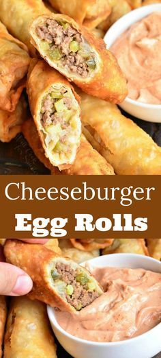 Easy Cheeseburger Egg Rolls stuffed with juicy ground beef, melted cheese, and pickles. It’s served with a simple sauce on a side. #snack #appetizer #groundbeef #beef #eggrolls Egg Roll Recipes, Cheeseburger Egg Rolls Recipe, Meat Appetizers, Philly Cheesesteak Egg Rolls, Meat Snacks, Cheeseburger Egg Rolls, Philly Cheesesteak, Egg Rolls Recipe, Homemade Egg Rolls