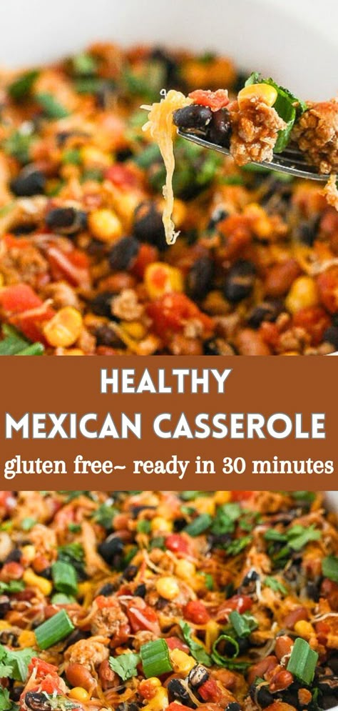 This Healthy Mexican Casserole recipe is simple to prepare, packed with lean protein, light and nutritious with all of your favorite flavors. It's also gluten free and will be ready in just 30 minutes! #glutenfree Gluten Free Mexican Chicken Casserole, Gluten Free Enchilada Casserole, Gluten Free Mexican Casserole, Healthy Tex Mex Recipes, Gluten Free Mexican Recipes, Healthy Mexican Casserole, Entrees Recipes, Enchiladas Healthy, Apartment Meals