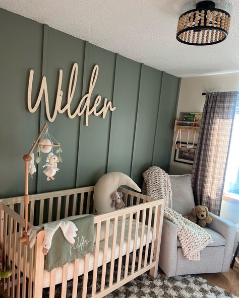 25 Baby Boy Nursery Room Ideas – Best Case Parenting Green Accent Nursery Wall, Save Green Nursery, Forest Nursery Color Palette, Boy Crib Ideas, Boys Green Nursery, Waynes Coating Nursery Ideas, Boy Nursery Accent Wall Ideas, Nursery Ideas Outdoor Theme, Nursery Aesthetic Boy