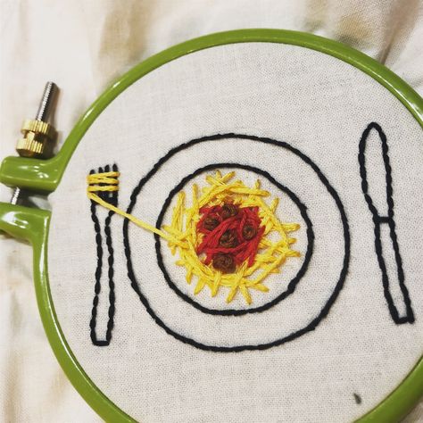 Hand embroidery ideas outside the norm Embroidery Food Ideas, Crazy Embroidery Ideas, Quirky Embroidery Ideas, Spaghetti Embroidery, Breakfast Embroidery, Pasta Embroidery, Silly Embroidery, Cooking Embroidery, Embroidery Tshirt Ideas