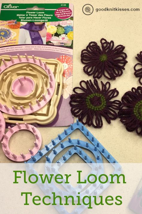 Clover Hana-Ami Flower Loom techniques: Make stunning loom knit flowers four ways. https://www.goodknitkisses.com/flower-loom-techniques/ #goodknitkisses #loomknit #loomknitting #crochet #knitting #knitflowers #diyflowers #yarnflowers Plastic Bag Weaving, Garden Cloches, Tricotin Long, Loom Knitting Ideas, Loom Flowers, Flower Loom, Loom Knitting Tutorial, Loom Scarf, Knit Flowers