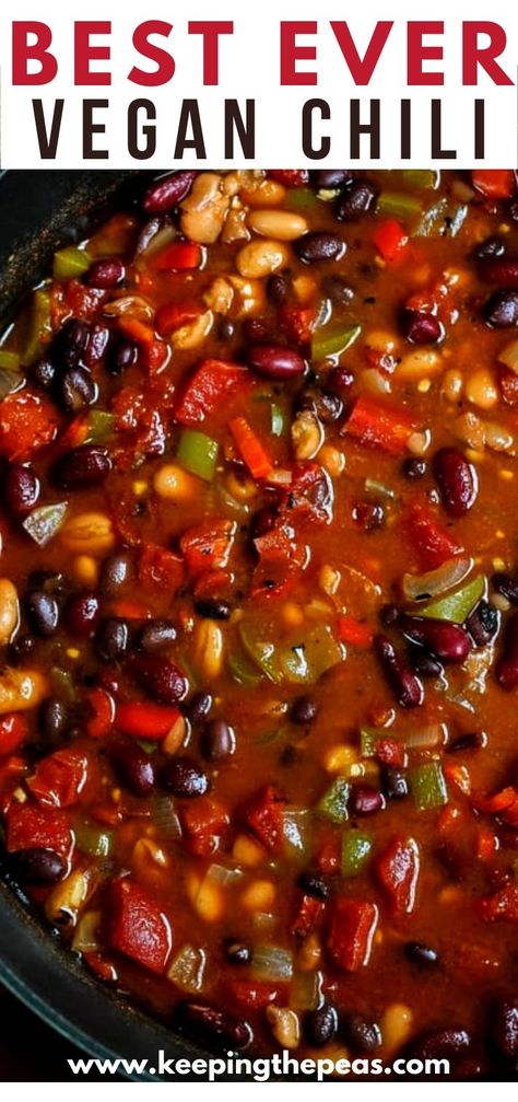 Easy Vegan Chili Crockpot, Best Vegan Chili Recipe, 4 Bean Chili Recipe, Meatless Chili Recipe, Vegan Chili Crockpot, Chili With Black Beans, Chili Bean Soup, Easy Vegan Chili, Meatless Chili