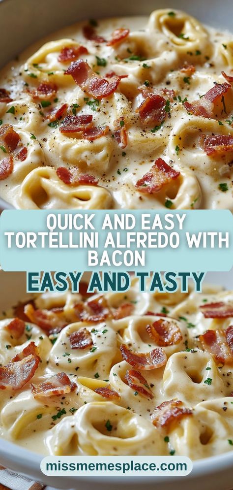 Looking for a quick and easy dinner option? Try this Bacon Tortellini Alfredo! In just 20 minutes, you can whip up a creamy, savory dish that combines tender tortellini and crispy bacon. The secret lies in the rich Alfredo sauce, made with heavy cream and freshly grated Parmesan, ensuring a luxurious mouthfeel. This recipe is perfect for busy weeknights or last-minute gatherings, making it a go-to for any occasion. Impress your guests or just treat yourself to this mouthwatering comfort food! Smoked Sausage Tortellini Alfredo, Bacon Tortellini Recipes, Creamy Bacon Alfredo Pasta, Bacon Alfredo Tortellini, Garlic Butter Sauce For Tortellini, Tortellini Bacon Recipes, Dinner Recipes Using Heavy Cream, Baked Alfredo Tortellini, Dishes With Tortellini