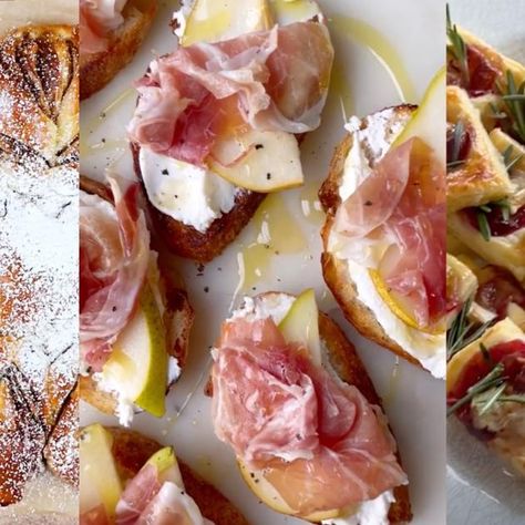 Dinner With Friends Ideas Meals, Thanksgiving Appetizers Crostini, Pear And Prosciutto Crostini, Ricotta Baguette Appetizer, Pear Bruschetta Appetizers, Mozzarella Prosciutto Appetizer Recipes, Brunch Ideas With Friends, Prosutto Appetizers, Prosciutto Pear Appetizer