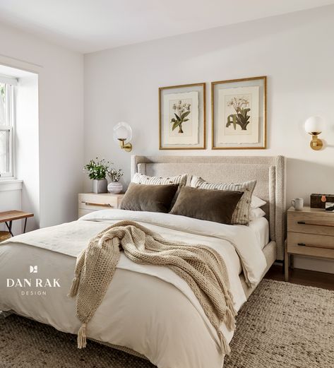 Gorgeous neutral-toned bedroom in our Brooklyn, NY project. Dan Rak Design used organic feeling textiles to create a cozy and inviting atmosphere. The Dobson Queen bed is upholstered in nubby- boucle type oatmeal fabric and the stacked headboard elevates the design just enough. Bedroom Cream Headboard, Cream Fabric Headboard Bedroom Ideas, Oatmeal Headboard Bedroom, Cream Bed Bedroom Ideas, Tan Upholstered Headboard Bedroom, Cream Upholstered Bed Bedrooms, Beige Headboard Bedroom Ideas, Tan Bed Frame, Tan Headboard Bedroom