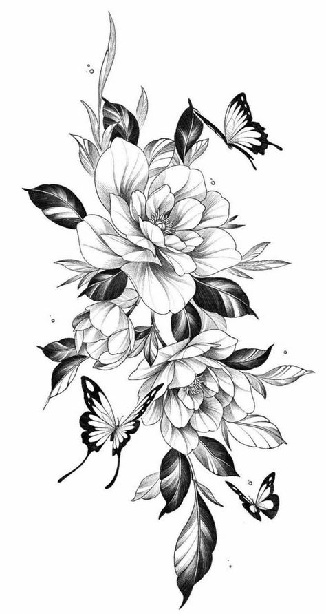 Butterfly Flowers Tattoo Design, Detailed Flower Tattoos, Flower Designs Tattoo, Butterfly Floral Tattoo, Butterfly And Flower Tattoo Designs, Floral Butterfly Tattoo Design, Flower Tattoos Designs, 심플한 그림, Flower Tattoo Drawings