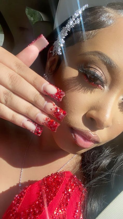 Short Red Homecoming Nails, Red Acrylic Birthday Nails, Red Nails Ideas For Prom, Red Nails Acrylic Homecoming, Red Nails For Prom Short, Red Nails For Hoco, Red Short Acrylics, Nails For Red Dress Ideas Prom, Red Prom Nails Acrylic Short