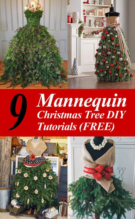 DIY Mannequin Christmas Tree – 9 Dress Form Tutorials (Free) Diy Mannequin, Christmas Mannequin, Tree Collar Christmas, Dress Form Christmas Tree, Mannequin Christmas Tree, Diy Christmas Tree Topper, Christmas Tree Dress, Flocked Christmas Trees Decorated, Christmas Tree Decorating Themes