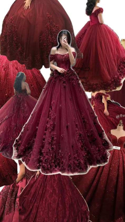 Dreammmmm dresssss in the middle! Marron Quince Dress, Maroon Quince Dresses, Maroon Quince, Dark Red Quinceanera Dresses, Red Sweet 16 Dresses, Gold Sweet 16 Dresses, Red Quince Theme, Red Sweet 16, Dark Red Dress