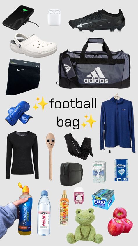 #football #soccer #central #sport #team #bag #fun Football Bag Essentials, Flag Football Outfit, Soccer Bag Essentials, Xmas Sleepover, Sports Bag Essentials, Cheer School, Duffle Bag Sports, Sport Essentials, Football Bag