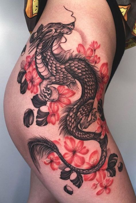 Tattoo Ideas For Girls: Hip Tattoos Dragon Tattoo Hip, Beauty Spirituality, Dragon Thigh Tattoo, Hip Tattoo Designs, Red Dragon Tattoo, Tattoos Infinity, Hip Tattoos, Tattoos Mandala, Dragon Tattoo For Women