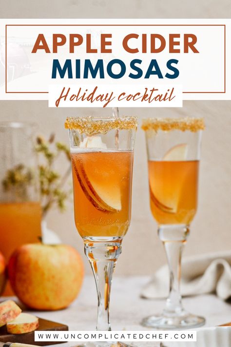 Two glasses of apple cider mimosas Apple Cider Mimosa Bar, Apple Cider Champagne Cocktail, Mimosa Shots, Thanksgiving Mimosa Recipes, Thanksgiving Mimosas, Festive Mimosas, Apple Cider Dip, Thanksgiving Mimosa, Fall Mimosa Bar