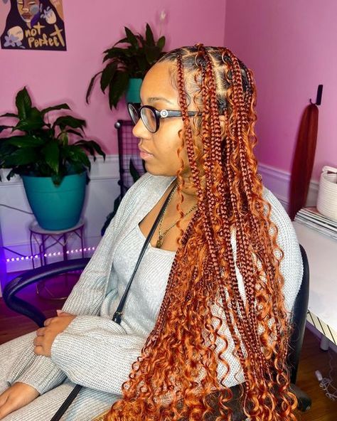 Blonde And Orange Braids, Orange Knotless Braids, Bohemian Knotless Braids With Color, Waist Length Knotless Braids, Size Braids, Knotless Braids With Color, Medium Size Braids, Bohemian Knotless Braids, Blonde Styles