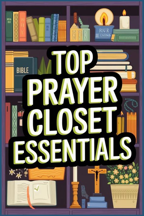 Bookshelf with religious books, candles, and a crucifix, titled "Top Prayer Closet Essentials". Pray Closet Ideas, Praying Room Christian, Diy Prayer Closet, Prayer Closet Small Space, Prayer Closet Ideas Decor, Christian Prayer Room Design, Prayer Closet Ideas Spaces, Prayer Closet Ideas, Christian Prayer Room