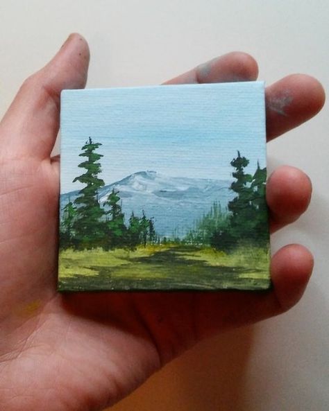 Tiny Canvas Painting Watercolor, Mini Canvas Paintings Landscapes, Tiny Canvases Ideas, Tiny Paintings Aesthetic, Mini Landscapes Painting, Landscape Mini Paintings, Small Painting Gift Ideas, Painting On Tiny Canvas, Surreal Landscape Painting