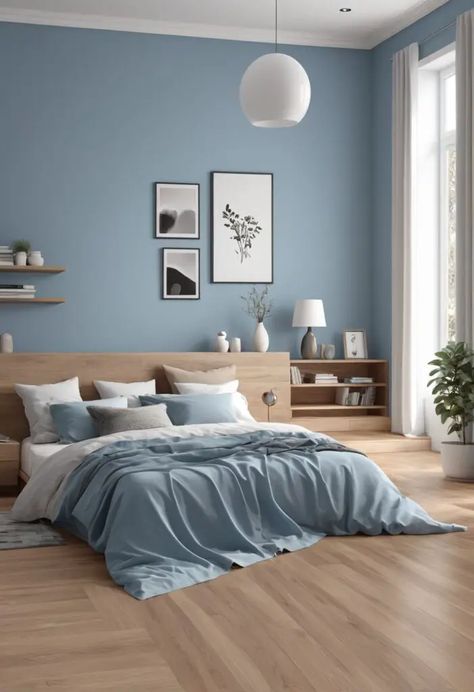 Aesthetic Wall Paint Colors, Paint Ideas Bedroom Aesthetic, Aesthetic Paints For Room, Blue Colour Room Ideas, Bedroom Colour Palette Blue, Aesthetic Colour For Bedroom, Scandi Blue Bedroom, Calm House Decor, Bedroom Paint Colour Ideas