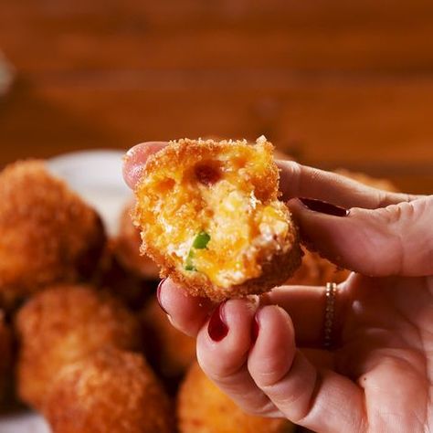 Fried Pimento Cheese - Delish.com Fried Pimento Cheese Balls, Pimento Cheese Balls, Pimento Cheese Fritters, Cheese Fritters Recipe, Cheese Sauce Recipes, Appertiser Ideas, Football Finger Foods, Cheese Fritters, Cheese Melting