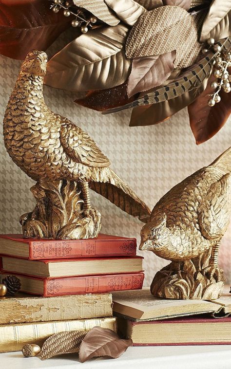 Fall Decor With Pheasants, Fall Pheasant Decor, Pheasant Fall Decor, Stuffed Pheasant Decor, Pheasant Decor Ideas, Midterm Rental, Thanksgiving Vignette, Pheasant Decor, Elegant Fall Decor