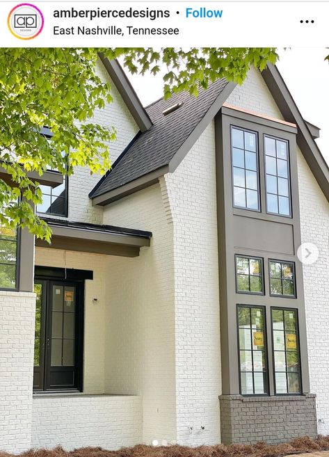 White House With Painted Brick, Black Windows Brown Trim, Neutral Outside House Colors, Mushroom Colored House Exterior, Urban Bronze Trim Exterior Colors, Cream Color Home Exterior, Beige House Black Windows, White House Tan Trim, Taupe Brick House Exterior