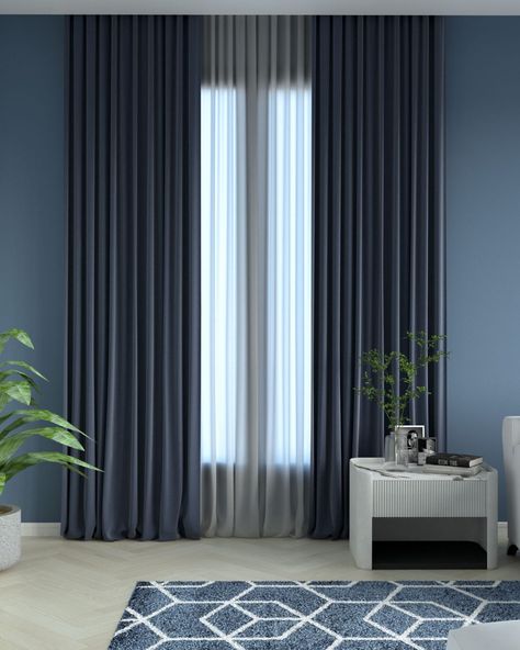 Dark Blue Curtains Bedroom, Navy Blue Bedroom Walls, Blue Curtains Bedroom, Dark Grey Curtains, Blue Curtains Living Room, Dark Blue Curtains, Blue Bedroom Colors, Dark Blue Rooms, Light Blue Curtains