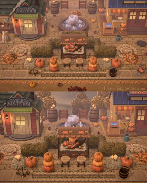 Acnh Leaf Pile Design Code, Acnh Fall Towncore, Shops Acnh Ideas, Fall Ideas Acnh, Acnh Fall Nooks Cranny, Acnh Town Island, Acnh Autumncore Island, Victorian Animal Crossing Island, Halloween Town Animal Crossing