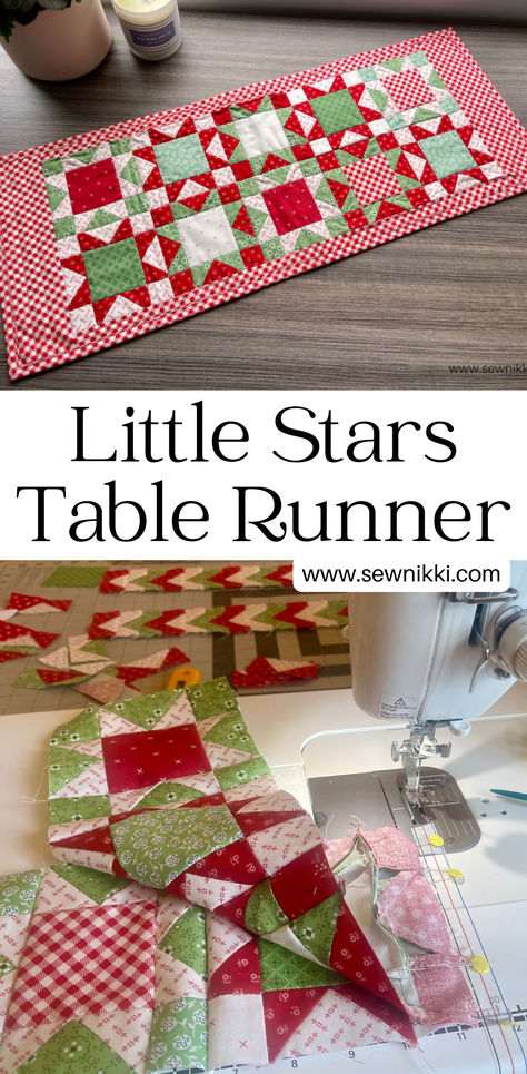 completed sawtooth star quilt pattern mini table runner and sewing Christmas Sewing Table Runner, Table Runner Ideas For Round Tables, Quilted Christmas Runners Patterns, Fabric Table Runners Diy, Christmas Star Quilt Pattern, Pole Twist Table Runner, Quilted Table Cloths Free Pattern, Summer Table Runners Free Pattern, Charm Square Table Runner Free Pattern