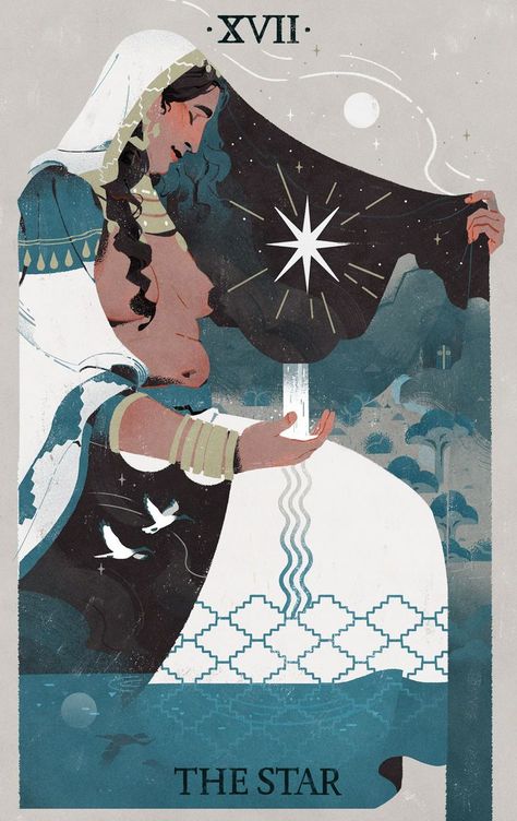 Tarot Card Character Design, Tarot Cards Design Illustration, Tarot Card Illustration Design, The Star Tarot Art, Tarot Design Illustration, Tarot Card Art Illustration, Viv Tanner, The Star Tarot Card Art, Tarot Art Illustration