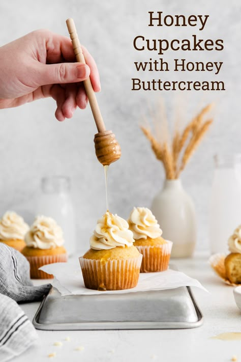 Honey Cupcakes With Honey Cream Cheese, Honey Cake Cupcakes, Honey Butter Cupcakes, Lemon Honey Cupcakes, Honey Themed Cupcakes, Honey Vanilla Buttercream, Honey Cake Filling, Honey Vanilla Cupcakes, Honey Frosting Recipe