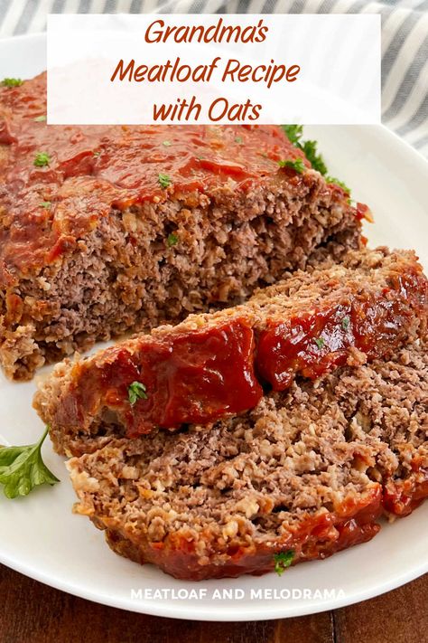 Grandma's Quaker Oats Meatloaf is a classic meatloaf recipe with oatmeal instead of bread crumbs and other simple ingredients. Easy comfort food and a delicious dinner the whole family will love! via @meamel Meatloaf With No Onions, Moms Best Meatloaf, Meatloaf With Applesauce Recipe, Meatloaf With Oatmeal Rolled Oats, Healthy Meatloaf With Oatmeal, Meatloaf With Carrots And Celery, Paula Deen Meatloaf With Oats, Meatloaf Using Oatmeal, Meatloaf With Oats Recipes