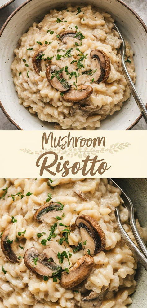 Creamy Mushroom Risotto: a rich, comforting dish with tender Arborio rice, earthy mushrooms, and a velvety, cheesy sauce. Perfect for a cozy dinner or as a side dish that will impress your guests! Martha Stewart Risotto, Simple Mushroom Risotto, Risotto Recipes Beef, Cream Of Mushroom Risotto, Risotto For A Crowd, Christmas Rissoto, Crock Pot Risotto, Classic Risotto Recipes, Mushroom Recipes Rice