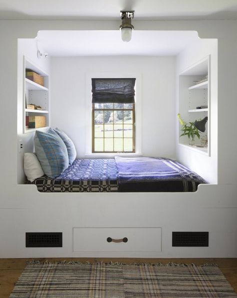 Bedroom Niche, White Wood Bed, Built In Beds, Blue And Grey Bedding, Black Canopy Bed, Modular Shelves, England Farmhouse, Girl's Rooms, Boy's Rooms