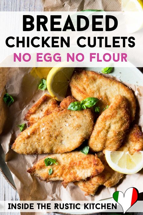 You won't believe how easy and mess free these Breaded Chicken Cutlets are to make. Made without any egg or flour they're super crispy and delicious. #chicken #cutlets #chickendinner #chickenrecipes #breadedchicken #Italianrecipes #Italianfood Breaded Chicken No Egg, Fried Chicken Without Flour, Breaded Chicken Recipe, Breaded Chicken Strips, Baked Chicken Cutlets, Baked Breaded Chicken, Fried Chicken Cutlets, Chicken Strip Recipes, Breaded Chicken Recipes