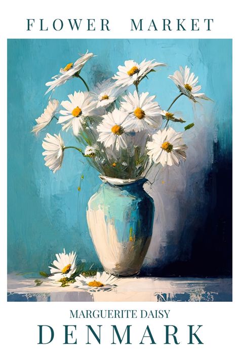 Bring a touch of Denmark's natural beauty into your home with this colorful National Flower poster. The expressive Marguerite Daisy floral design of this Flower Market Print is sure to add a unique and elegant touch to any room. And with the convenience of a digital download, it's easy to enjoy right away. Marguerite Flower, Margarita Flower, Poster Flower Market, Marguerite Daisy, Poster Flower, Flower Market Print, Pastel Poster, Flower Market Poster, National Flower