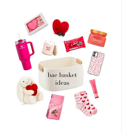 bae basket valentines bestie gift idea Bae Basket For Bestie, Bae Baskets Ideas, Boo Basket Ideas Valentines, Things To Put In A Valentines Basket, Bestie Valentines Basket, Valentines Idea For Best Friend, Valentines Basket For Bestie, Valentines Box Gift Ideas, Galantines Gift Basket Ideas