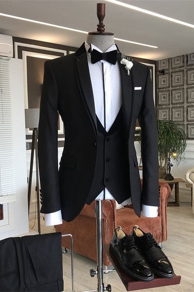 Wedding Tuxedo For Men Black, Black Three Piece Suit Men, All Black Wedding Suit For Groom, 3 Piece Suit Men Wedding, Black Groom Suit, Grooms Tuxedo, Grooms Tux, Black Three Piece Suit, Reception Suits