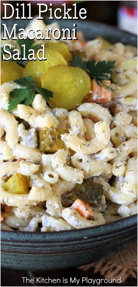 Bowl of Dill Pickle Macaroni Salad Pickle Macaroni Salad, Pickled Salad, Homemade Macaroni Salad, Macaroni Salads, Comfy Kitchen, Macaroni Salad Ingredients, Dill Pickle Pasta Salad, Kosher Dill Pickles, Easy Macaroni Salad