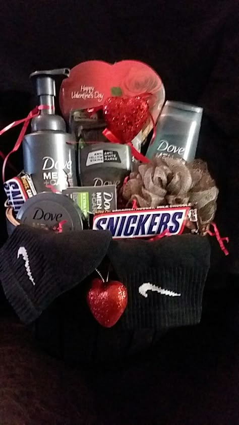 Boyfriend Giftbaskets, Birthday Presents Ideas For Boyfriend, Baskets For Your Boyfriend, Valentine Basket Ideas For Him, Male Valentines Day Baskets, Boyfriend Valentines Day Gifts Creative, Mens Valentines Day Gifts Basket, Men’s Valentines Basket, Valentine’s Day Basket For Him