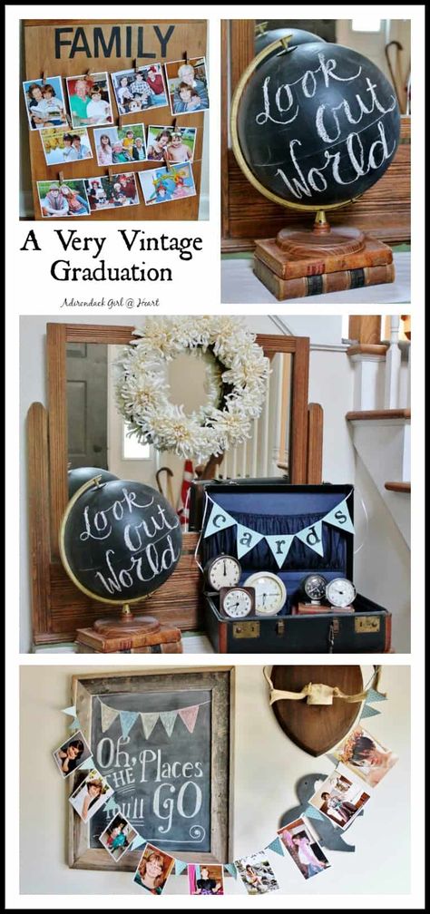 A Very Vintage Graduation Party • Adirondack Girl @ Heart Travel Graduation Party, Travel Theme Graduation Party, Adventure Graduation Party, Travel Graduation Party Ideas, Graduation High School Party, Graduation Collage Ideas, Vintage Graduation Party Ideas, Picture For Graduation, Chic Graduation Party